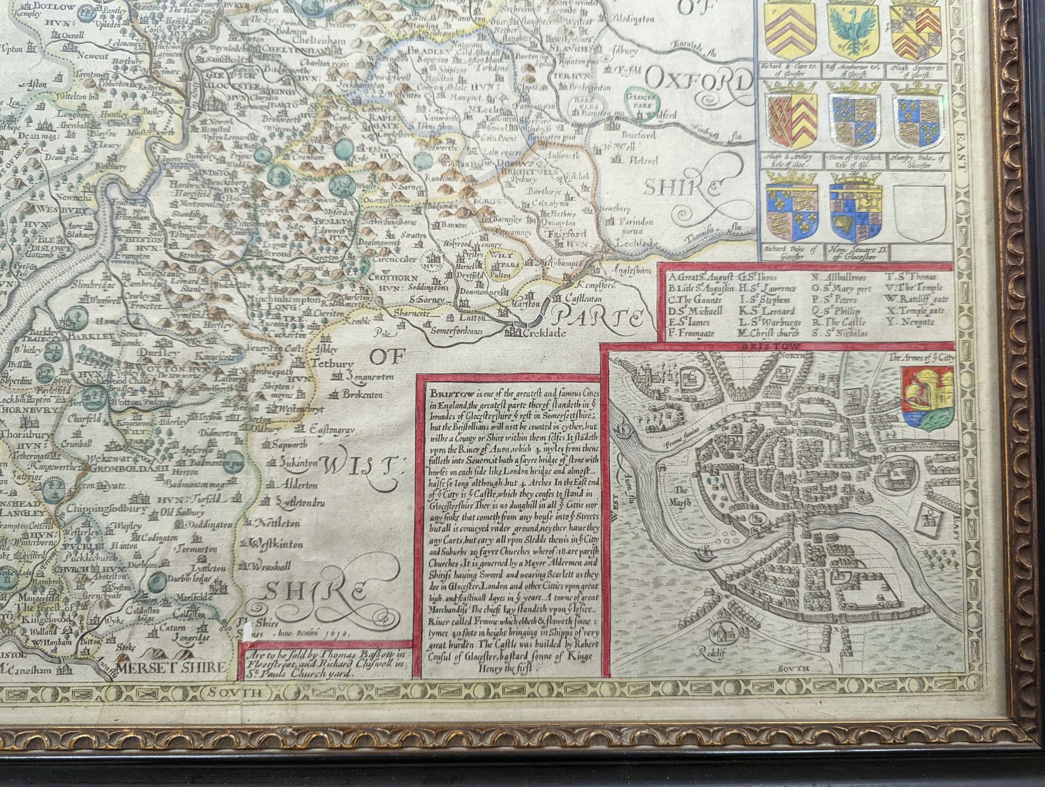 John Speed, coloured engraving, Map of Glocestershire 1627, printed in English verso, 40 x 52cm